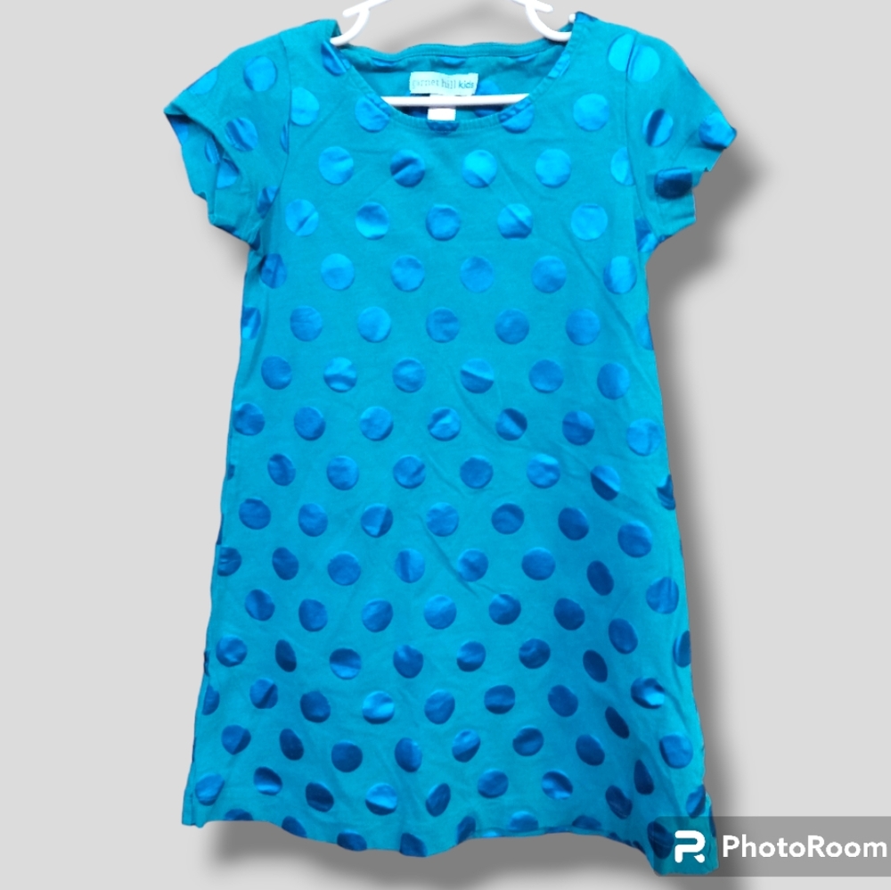 Garnet Hill Kids Blue Dress with Shimmering Blue Polka Dots Girls Size 04 EUC